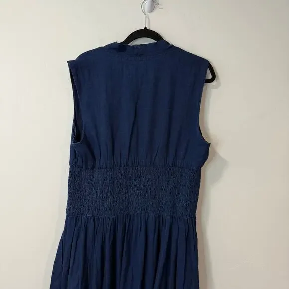 Anthropologie The Tommie Cap-Sleeve Smocked Front-Zip Shirt Dress Midi Denim 1X - Picture 4 of 9